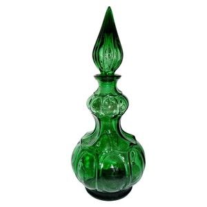 Empoli Italy MCM Green Glass Genie Bottle Corset Decanter Flame Stopper RARE Vtg
